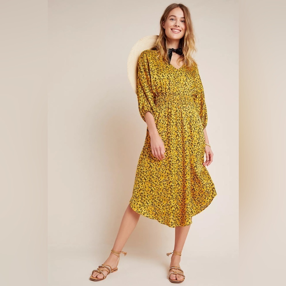 Anthropologie Marigold Yellow Floral Smocked Midi Dress